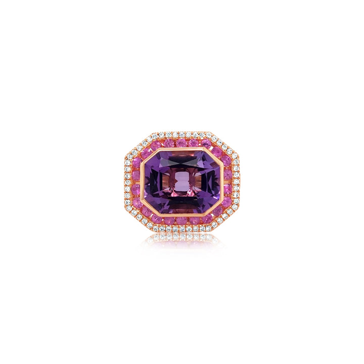 Diamond and Pink Sapphire Ring With Purple Amethyst Center