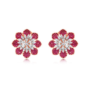 Rose Gold Diamond and Ruby Flower Earrings