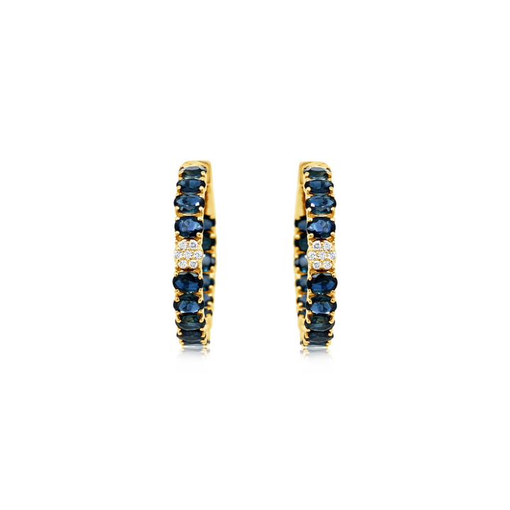 Diamond and Oval Blue Sapphire Hoop Earrings