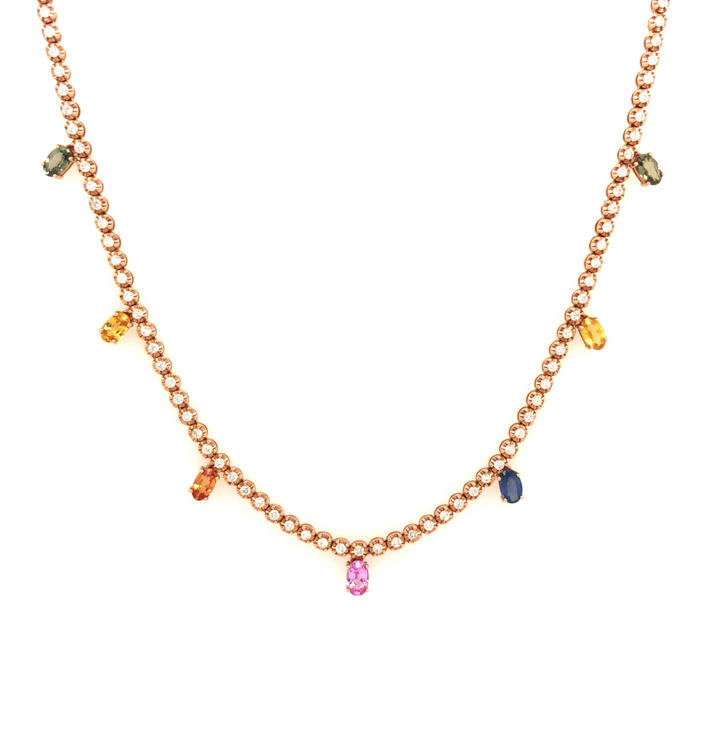 Diamond Tennis Necklace With Multi-Colored Gemstones