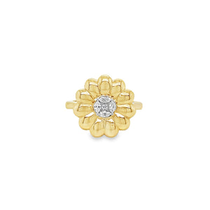 Yellow Gold Flower Ring with Round Diamond Illusion Center