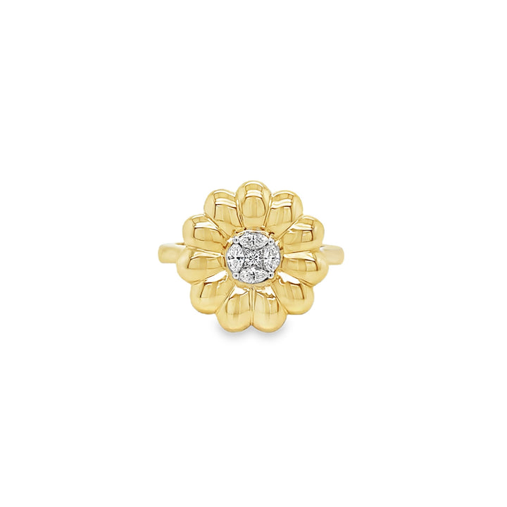 Yellow Gold Flower Ring with Round Diamond Illusion Center