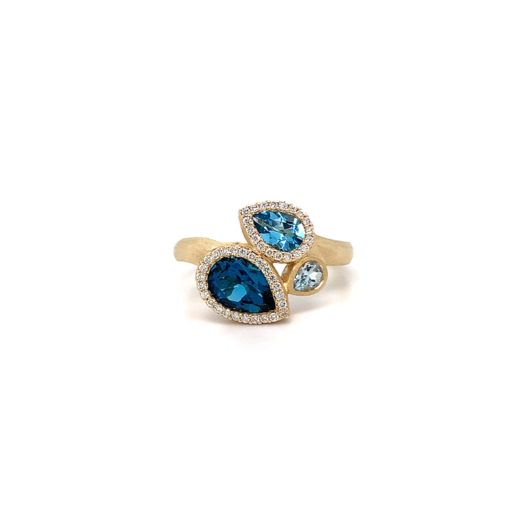 Satin Finish Ring with Pear Shape Sky Blue, Swiss Blue and London Blue Topaz
