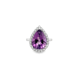Pear Shape Purple Amethyst Ring with Diamond Halo