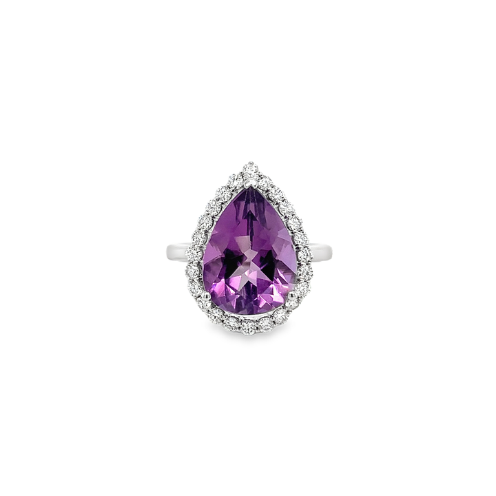 Pear Shape Purple Amethyst Ring with Diamond Halo