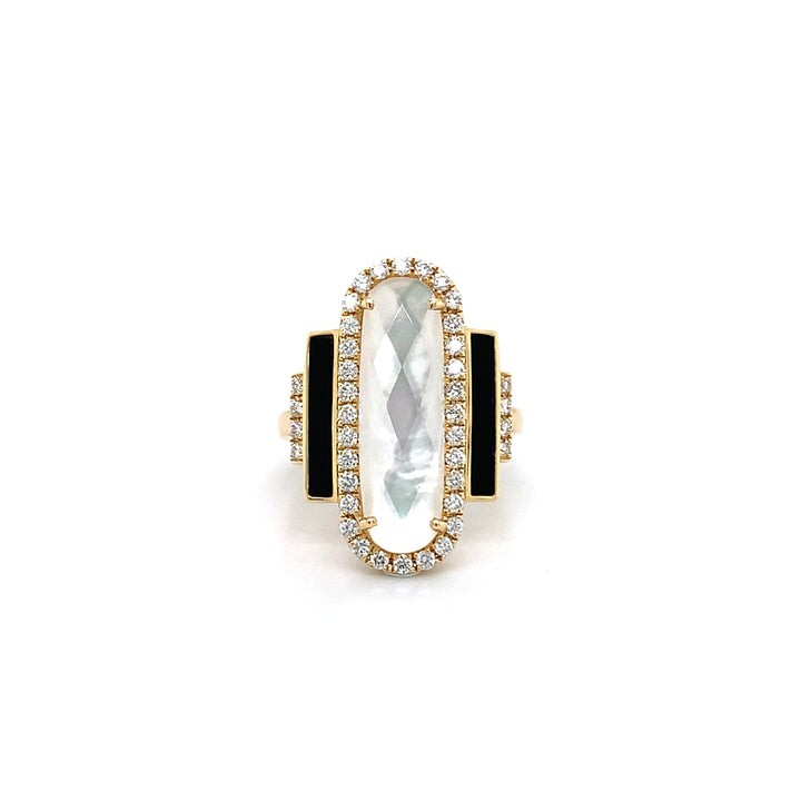 Diamond and Onyx Ring With Quartz over Mother of Pearl Center - Doves by Doron Paloma