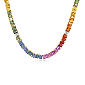 Emerald-Cut Rainbow Sapphire Tennis Necklace