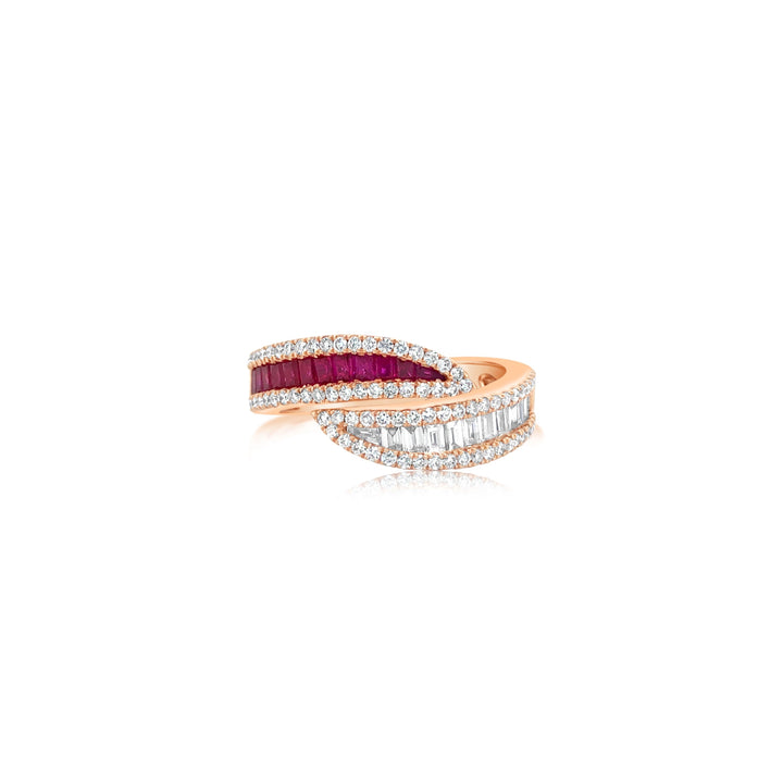 Round and Baguette Diamond and Ruby Twist Ring