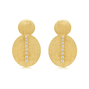 Brushed Finish Gold Disc Earrings With Diamond Strand