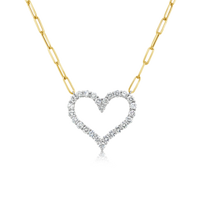 Two Tone Open Diamond Heart Necklace on Paperclip Chain