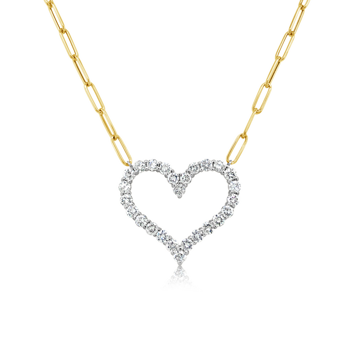 Two Tone Open Diamond Heart Necklace on Paperclip Chain