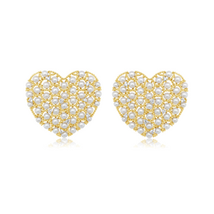 Large Diamond Studded Pearl Heart Earrings