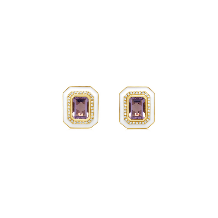 Bezel-Set Purple Amethyst Studs With Diamond and White Enamel Frame