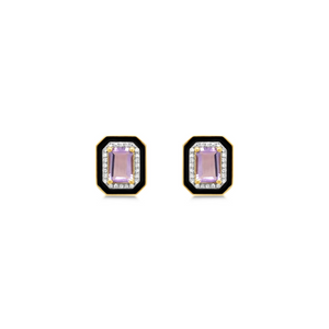Diamond and Black Enamel Framed Purple Amethyst Studs
