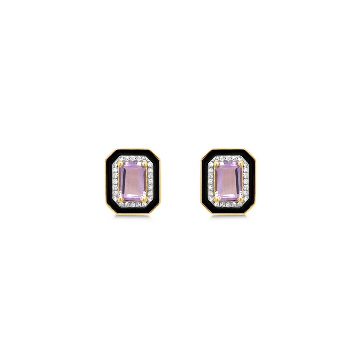 Diamond and Onyx Framed Purple Amethyst Studs
