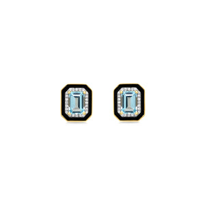 Diamond and Black Enamel Framed Blue Topaz Studs