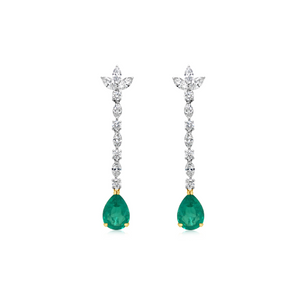 Round and Marquise Diamond Strand Earrings With Pear Shape Emerald Drop