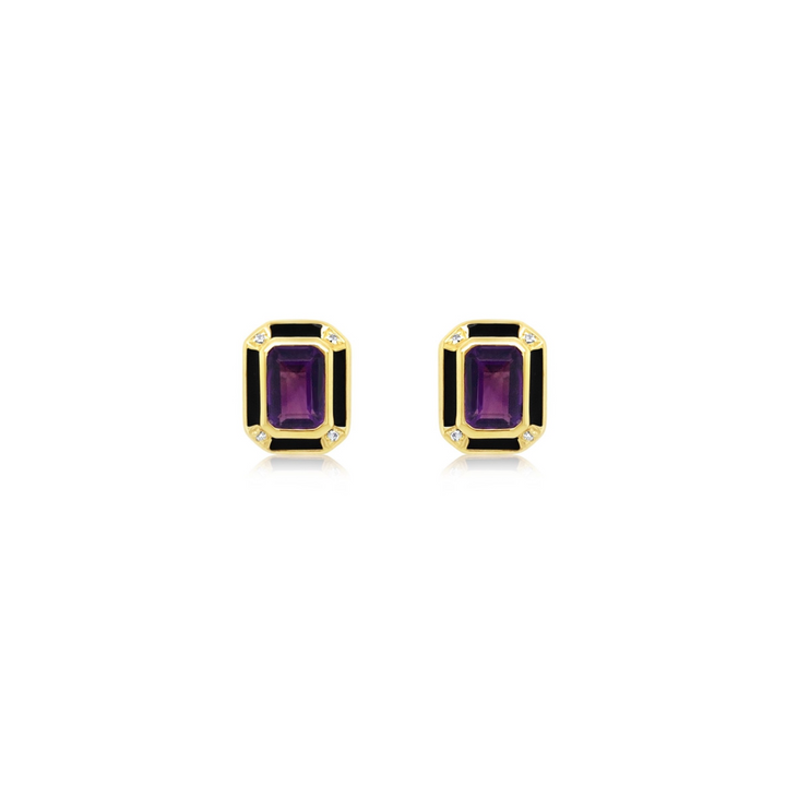 Bezel-Set Purple Amethyst Studs With Diamond and Black Enamel Frame