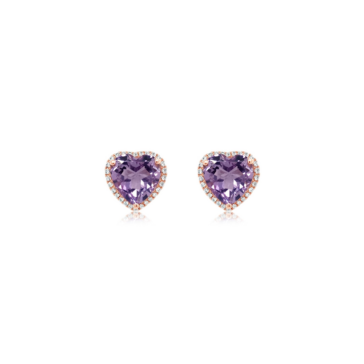 Diamond Halo Purple Amethyst Heart Studs
