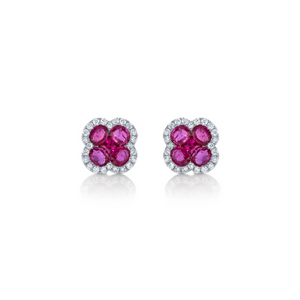 Diamond and Ruby Clover Stud Earrings - Shy Creation