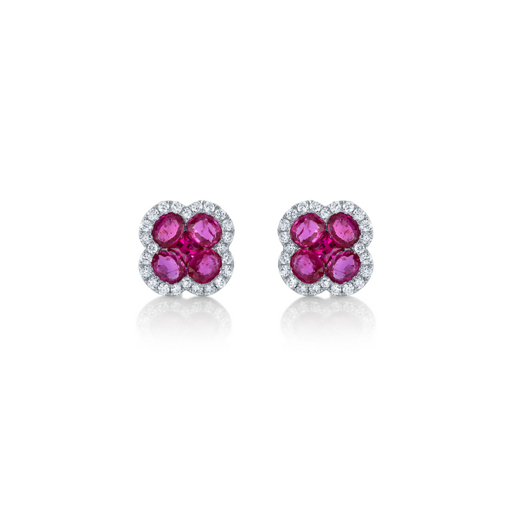 Diamond and Ruby Clover Stud Earrings - Shy Creation