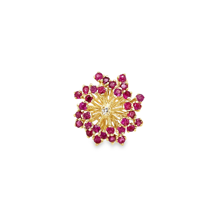 Diamond Center Ruby Flower Ring - Estate Item