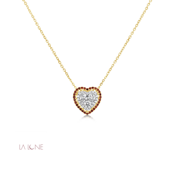 Two-Tone Double Halo Diamond and Garnet Heart Pendant - LaLune