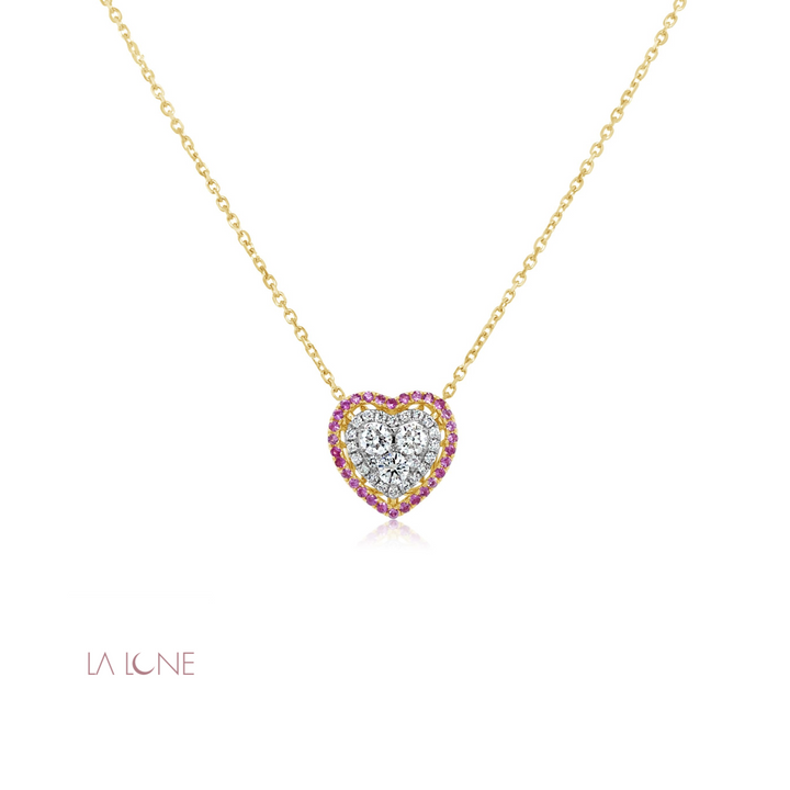 Two-Tone Double Halo Diamond and Pink Sapphire Heart Pendant - LaLune