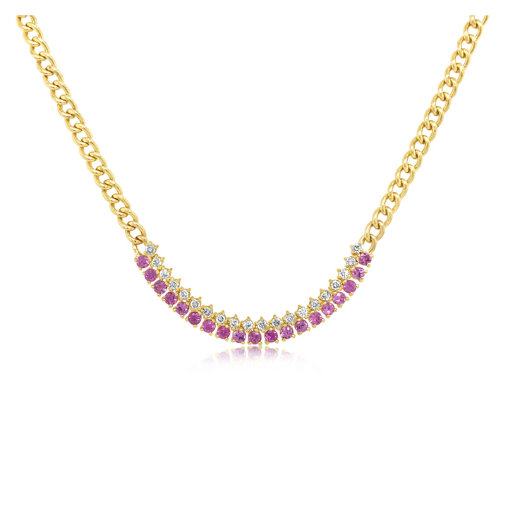 Diamond and Pink Sapphire Necklace On Cuban Chain