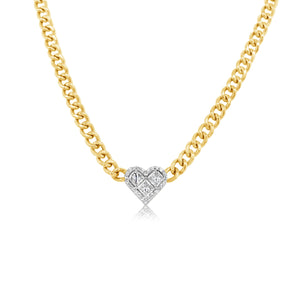 Princess-Cut Diamond Heart Necklace on Cuban Chain