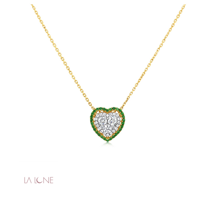 Two-Tone Diamond and Emerald Halo Heart Pendant - LaLune
