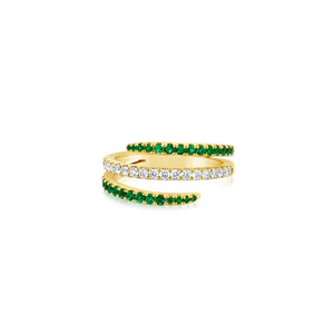 Three Row Diamond and Emerald Ring