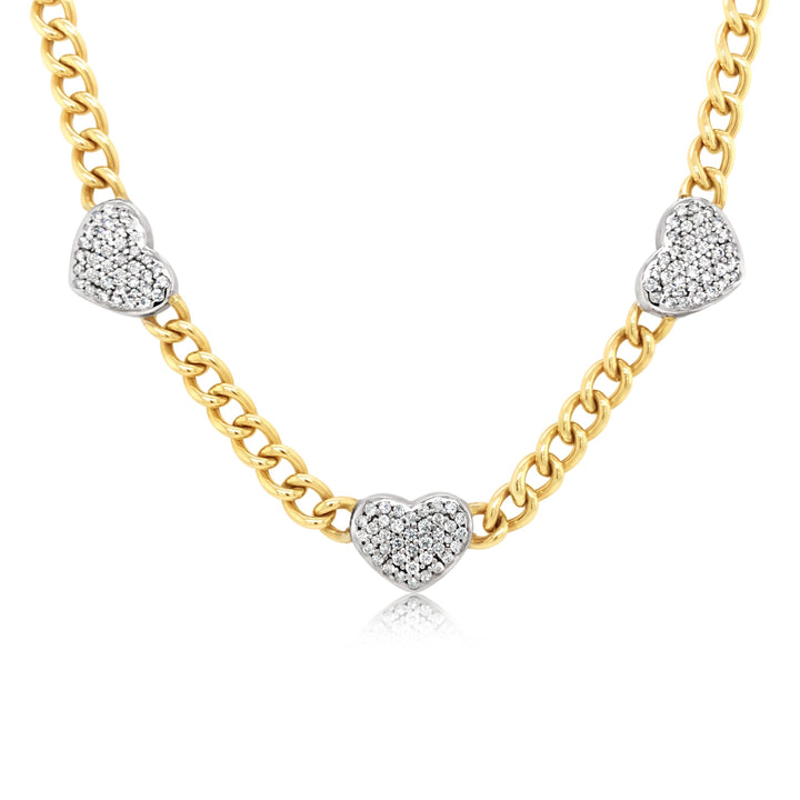 Cuban Chain Two-Tone Three Heart Diamond Necklace