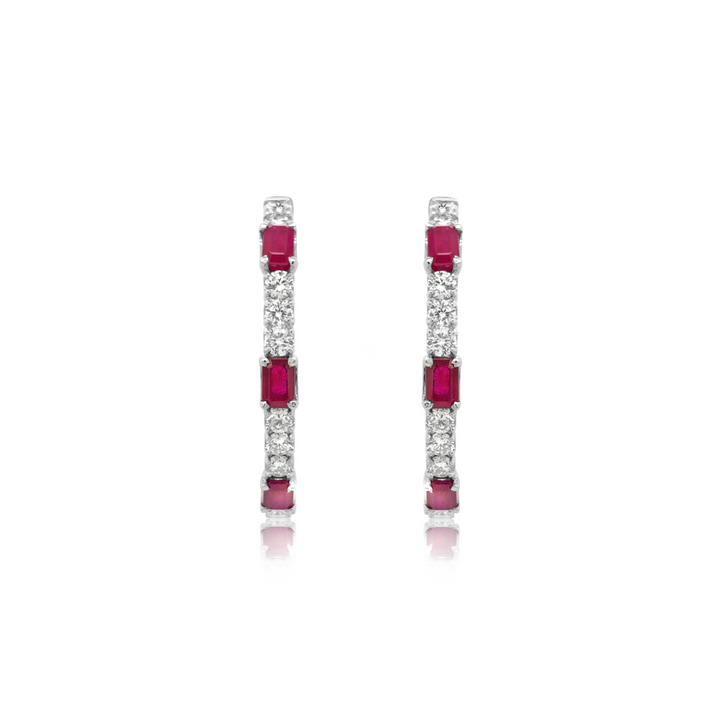 White Gold Diamond and Ruby Hoop Earrings