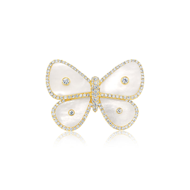 Yellow Gold Oversized Diamond and Mother of Pearl Butterfly Ring