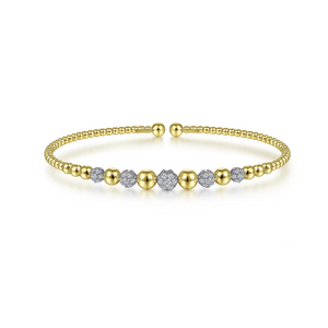 Yellow and White Gold Beaded Bangle With Diamond Stations - Gabriel & Co.