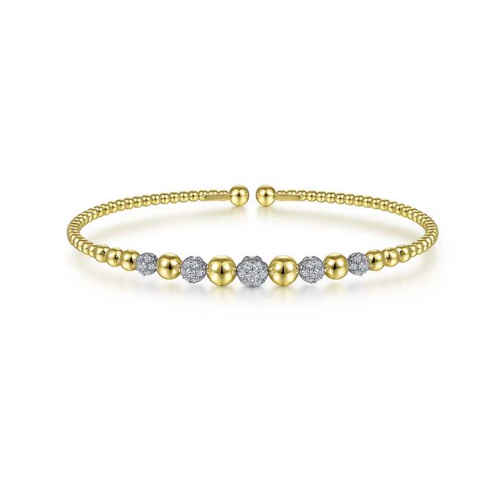 Yellow and White Gold Beaded Bangle With Diamond Stations - Gabriel & Co.