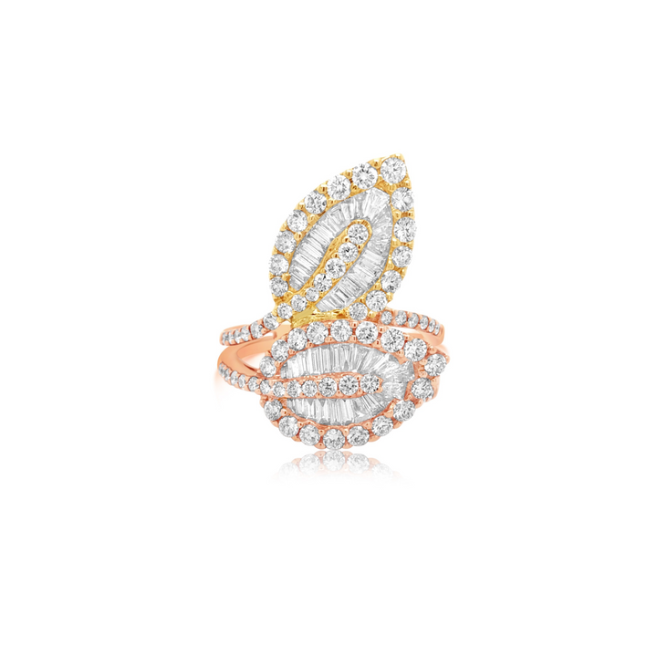 Two Tone Baguette Diamond Leaf Ring