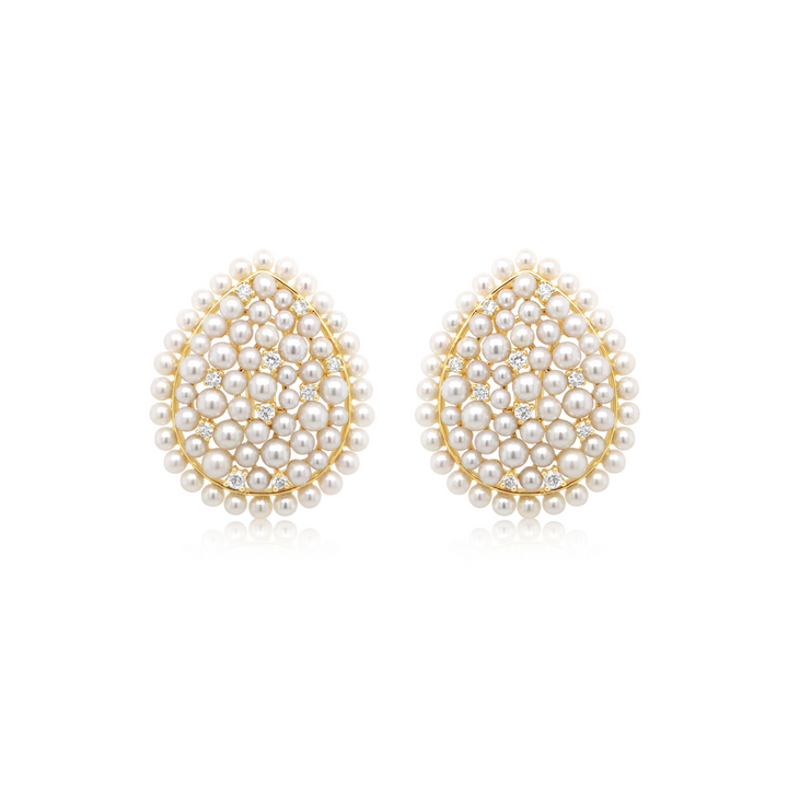 Diamond-Studded Pear Shape Clustered Pearl Earrings