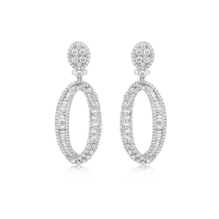 Round and Baguette Diamond Oval Twist Earrings