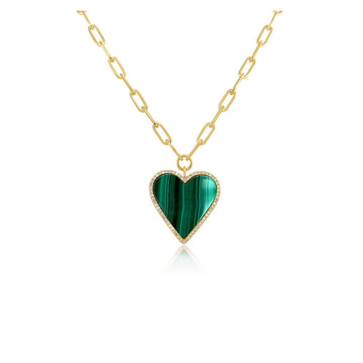 Paperclip Necklace With Diamond and Malachite Heart