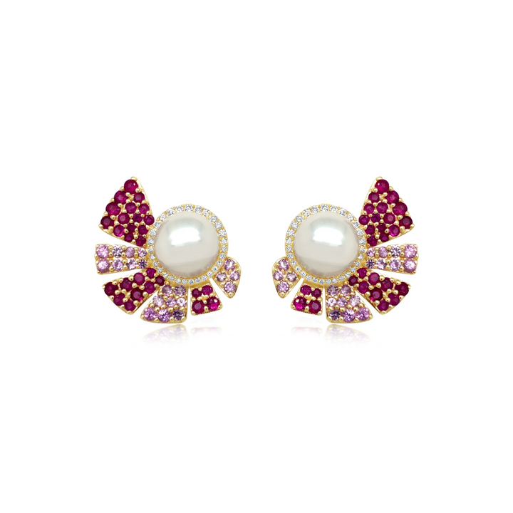Fanned Ruby and Pink Sapphire Earrings With Diamond and Pearl Center