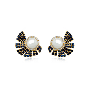 Fanned Sapphire Earrings With Diamond and Pearl Center