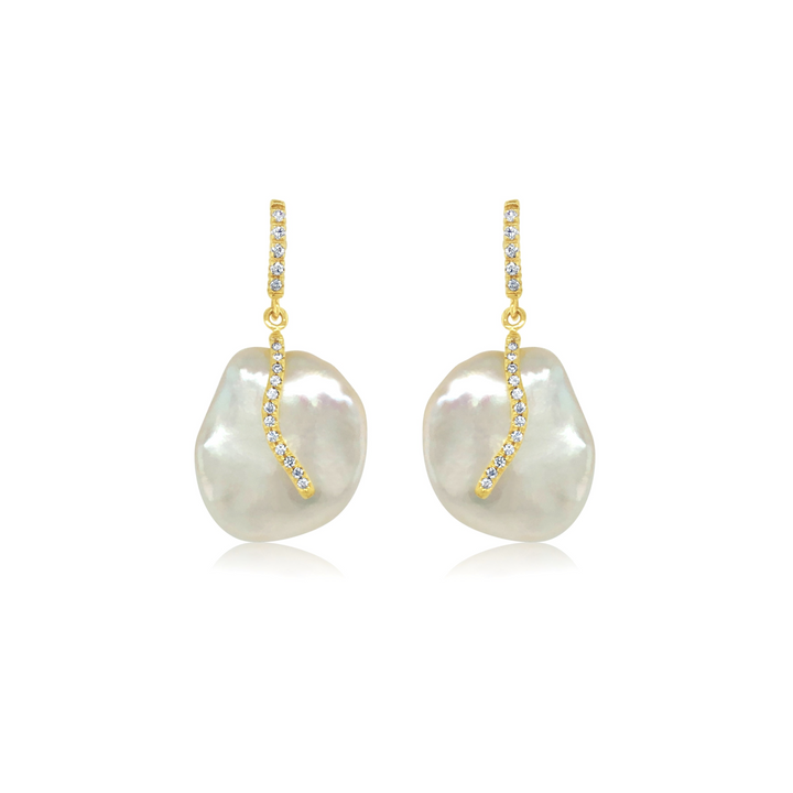 Irregular Flat Pearl and Diamond Earrings