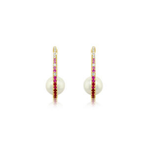 Diamond Ruby and Pink Sapphire Hoop Earrings With Floating Pearl