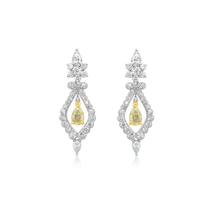 Luxury Diamond Statement Earrings With 0.78CT Each Pear Shape Yellow Diamond Center