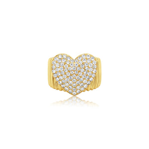 Yellow Gold Ribbed Diamond Heart Ring