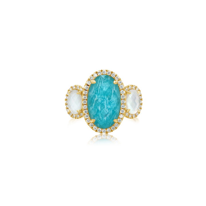 Diamond Ring With Quartz Over Amazonite and Quartz Over Mother of Pearl - Doves by Doron Paloma