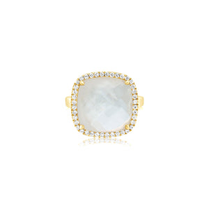 Diamond-Framed Ring With Cushion Shape Quartz Over Mother of Pearl - Doves by Doron Paloma