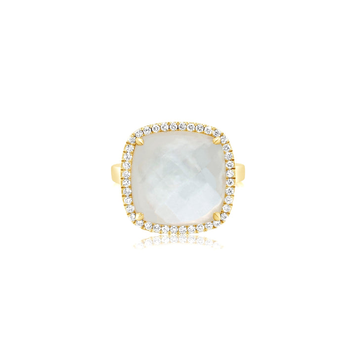 Diamond-Framed Ring With Cushion Shape Quartz Over Mother of Pearl - Doves by Doron Paloma